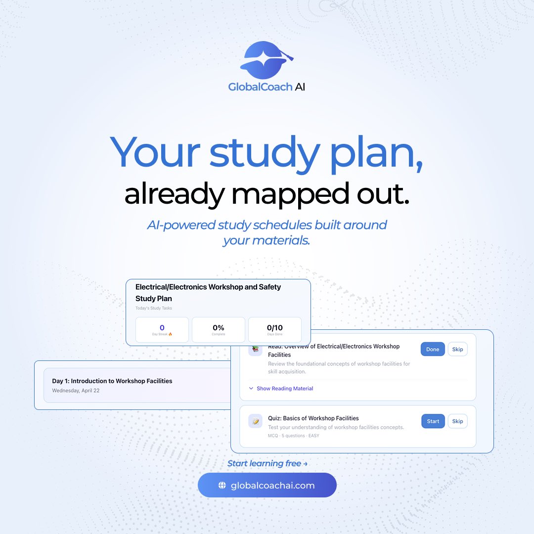 globalcoachai's tweet image. No more guessing what to study 📚

GlobalCoach AI builds your study plan for you.
✔️ Personalized
✔️ Structured
✔️ AI-powered

Start now: globalcoachai.com

#EdTech #AI #Students