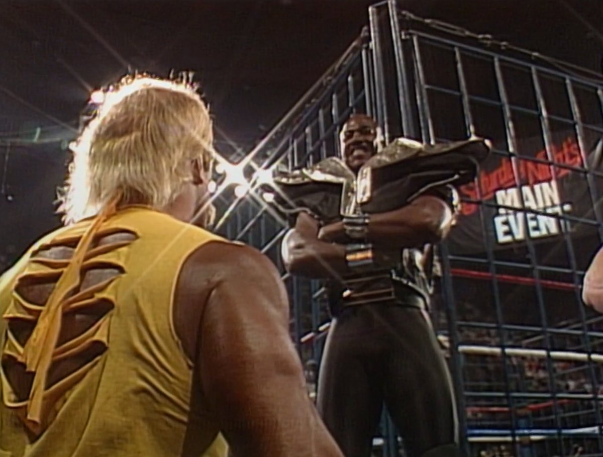 BrianRSolomon's tweet image. It's after WrestleMania V, and Hulk Hogan has his hands full with the Boss Man in a cage--plus the infamous WWF debut of Zeus! Also Demolition, Macho Man and more. It's the 5/27/89 SNME on the Shut Up and Wrestle Commentaries, available to premium subscribers at the link below.