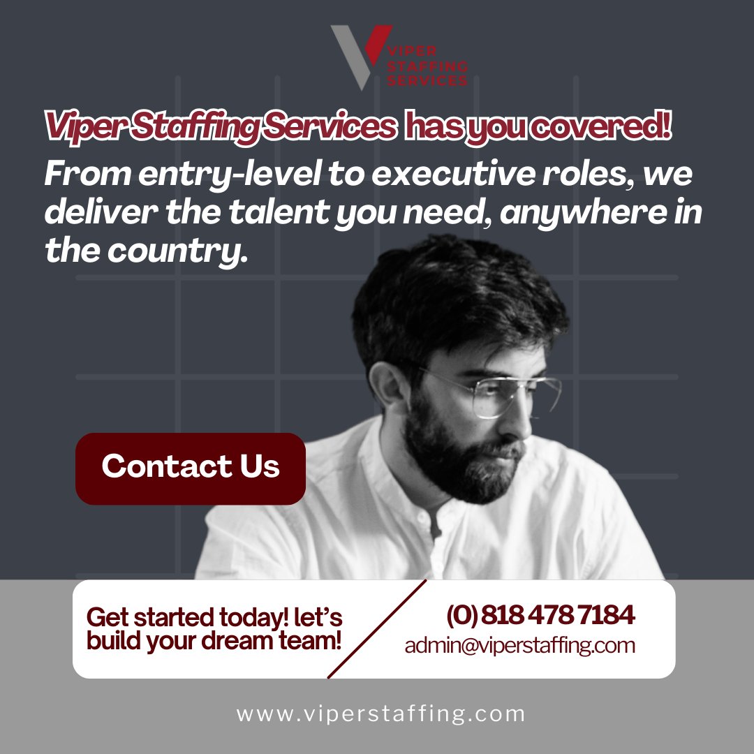 ViperStaffing's tweet image. Viper Staffing Services has you covered! 

📞 Contact us now and streamline your hiring process!🔗 Visit: viperstaffing.com
📩 Email your resume: admin@viperstaffing.com

#StaffingAgency #RecruitmentMadeEasy #TopTalent #ViperStaffing #HireSmart #NationwideHiring