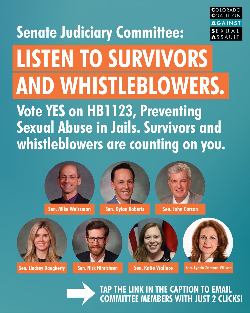 CCASAColorado's tweet photo. 🚨 Tap the link to email CO Senate Judiciary Committee members in just a couple of clicks! Survivors &amp; whistleblowers are counting on them to pass HB1123, Preventing Sexual Abuse in Jails: https://t.co/DNBzMn9cW2 https://t.co/hYF1CQQKz6