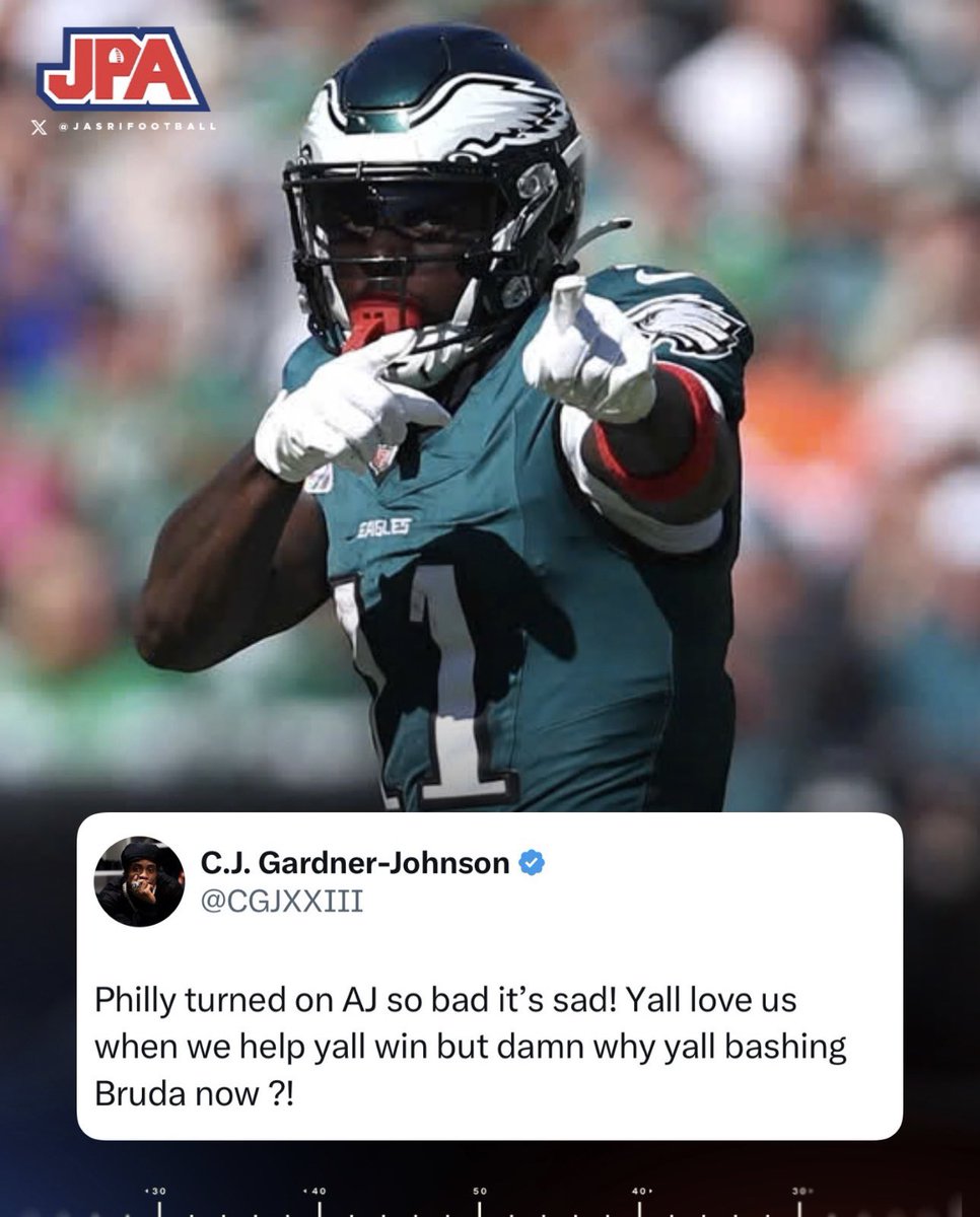 jasrifootball's tweet photo. 𝗧𝗥𝗘𝗡𝗗𝗜𝗡𝗚: Former Eagles S CJ Gardner Johnson calls out eagles fans for their bashing of AJ Brown, who is likely on his way out of Philadelphia.

“Philly turned on AJ so bad it's sad! Yall love us when we help yall win but damn why yall bashing Bruda now?!” https://t.co/lL8Y6LZP2F