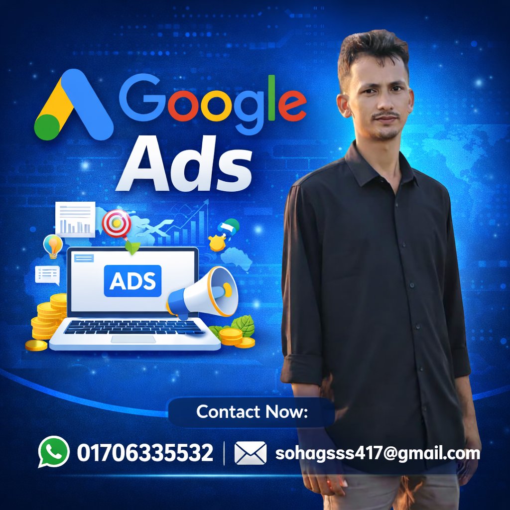 SulaymansohagSS's tweet image. 🚀 Want more leads &amp;amp; sales? I help businesses grow with high-performing Google Ads campaigns.

🎯 Target the right audience
📈 Maximize ROI
💡 Data-driven strategy
📞 WhatsApp: 01706335532
📧 sohagsss417@gmail.com
#GoogleAds #PPC #DigitalMarketing #LeadGeneration #BusinessGrowth
