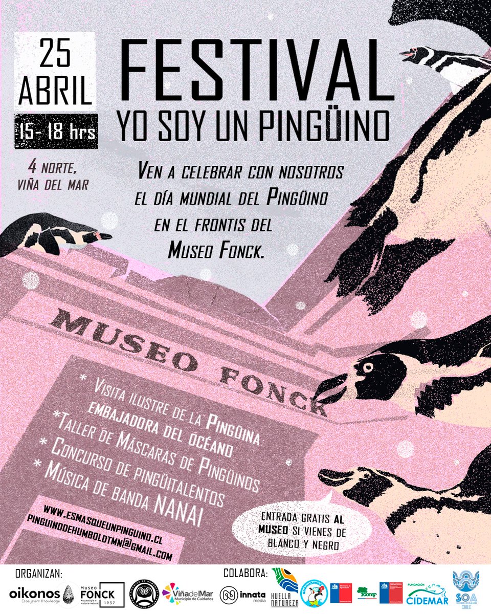 conaf_valpa's tweet photo. 📢#CONSERVACIÓN| No te puedes perder la celebración del Día Mundial del Pingüino que se realizará este sábado 25, entre las 15:00 y las 18:00 hrs., en el frontis del Museo Fonck, en #ViñaDelMar🐧La actividad contará con stands educativos, expositores, concursos y música en vivo. https://t.co/bjsm73A1ar