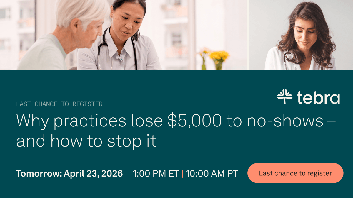 TebraOfficial's tweet image. ⏰ Last chance
No-shows cost practices $5K+ a month
Reminders alone won’t fix it.

Join Miriam, Leanna &amp;amp; Kristin tomorrow 👇
 📅 April 23 | 10am PT / 1pm ET

 tebra.co/no-shows-webin…
#Healthcare #PracticeManagement #RCM