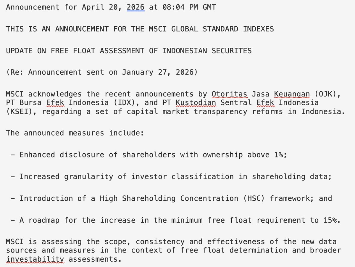 Pengumuman MSCI April 2026 sebagai berikut

Bagian pengakuan atas upaya yang dilakukan regulator ter...