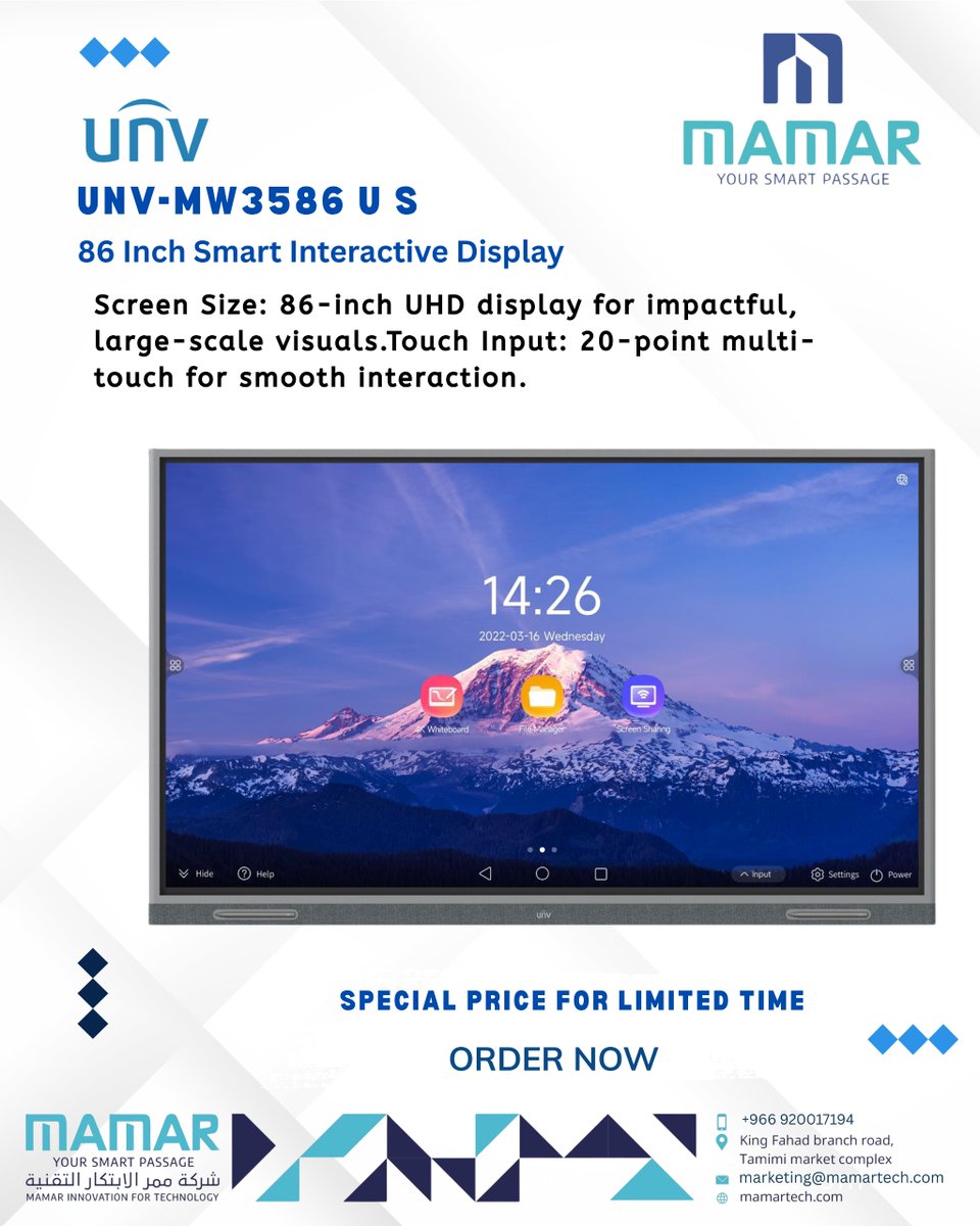 mamartech's tweet image. Upgrade your meetings &amp;amp; classrooms with an 86” UHD Smart Interactive Display.
20-point multi-touch. Stunning visuals. Smarter collaboration.
Limited-time offer—order now.

#SmartDisplay #EdTech #Tech #BusinessTech #InteractiveScreen #Innovation #UHD #Collaboration