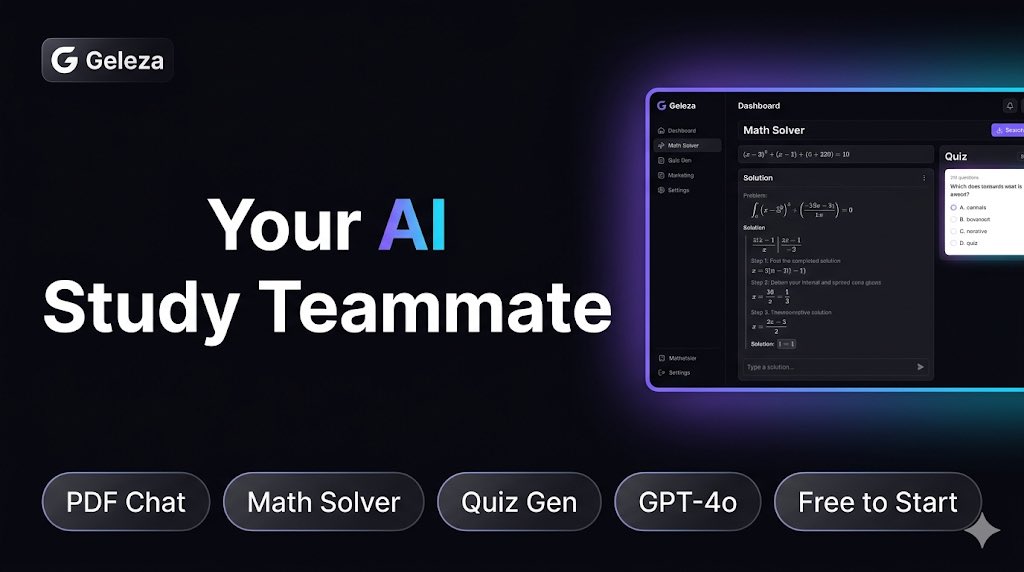 codewithashu's tweet image. ChatGPT is a blank page.

Geleza.app is a loaded toolbox.

PDF Chat. Math Solver. Quiz Gen. Resume Builder. GPT-4o + Claude.

free.

This is what students are switching to. 👇

#StudyTips #AITools #StudentLife #LearnWithAI #claude