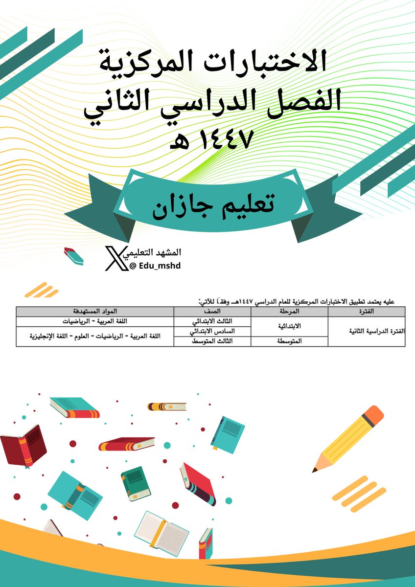 Edu_mshd's tweet photo. 🔴 والتحديث بشكل مستمر فور صدورها 🔴

الاختبارات المركزية للفصل الدراسي الثاني
لعام ١٤٤٧ هـ

في هذه التغريدة سيتم حصر الإدارات العامة للتعليم التي أقرت تطبيقها
علمًا :(تعفى مدارس التميز من هذه الاختبارات )
#الاختبارات_المركزية https://t.co/eG22d6pdDx