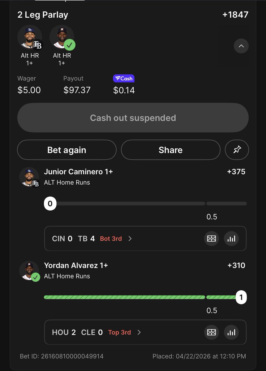 PeruvianPicks's tweet photo. @HomeRunPredict with an early win. Can’t get over the amazing data he provides. Let’s continue having a night https://t.co/oP88JLdis0