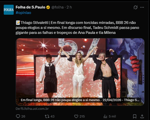 Imprensa não "vendida" escreve a real sobre a final do BBB26! #BBB26
