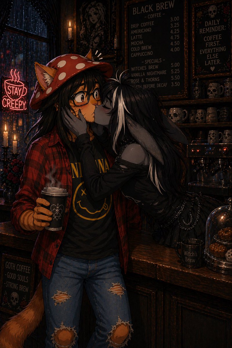 Gozaar98's tweet photo. I stopped by this cozy gothic coffee shop and didn’t know Rosemary works here she’s mostly work at the hospital, she gave me extra special for buying a coffee 🐰💋🖤😻 ☕️⚰️
#AIART #SFW #Anthro #OC Gozaar,Rosemary https://t.co/vb2yWi2dqE