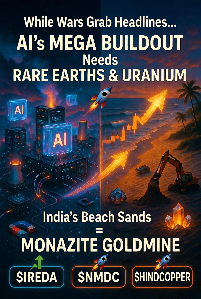 While wars grab headlines, AI's mega buildout (data centers, chips, energy) needs rare earths &amp; uranium big time. India's beach sands = monazite goldmine + uranium push. Watch #IREDA, #NMDC, #HINDCOPPER for the metals boom! 🚀
 #AI #RareEarths #IndiaStocks