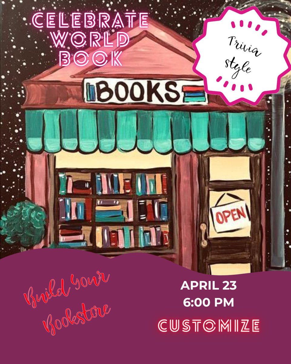 PWATPasadena's tweet image. Celebrate World Book Day with us! 📚✨ Join our book-themed night on April 23, 6-8 PM—DIY bookstore, book club &amp;amp; trivia for only $39! Who's a book lover? #PaintAndSip #BookLovers
