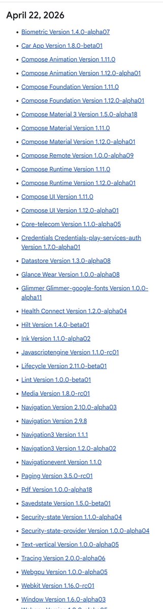 nicolaou_nicos's tweet image. 🚀 AndroidX updates (April 22, 2026) are here!

Compose 1.11 stable + 1.12 alpha, Material3 updates, Navigation/Lifecycle improvements &amp;amp; new libs like WebGPU

🔗 developer.android.com/jetpack/androi…

#AndroidDev #JetpackCompose #AndroidX #Kotlin #Android