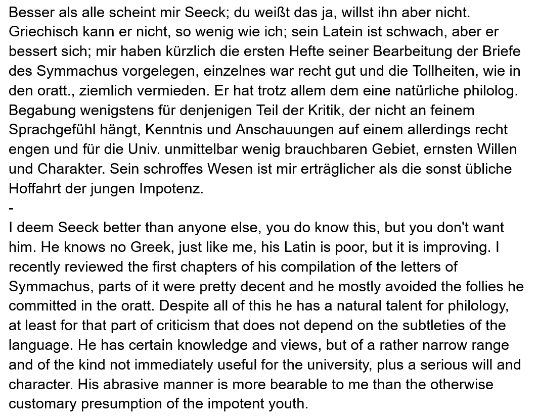 Theodor Mommsen wrote a letter of „recommendation“ to Wilamowitz on behalf of Otto Seeck for a professorship at the university in Greifswald: