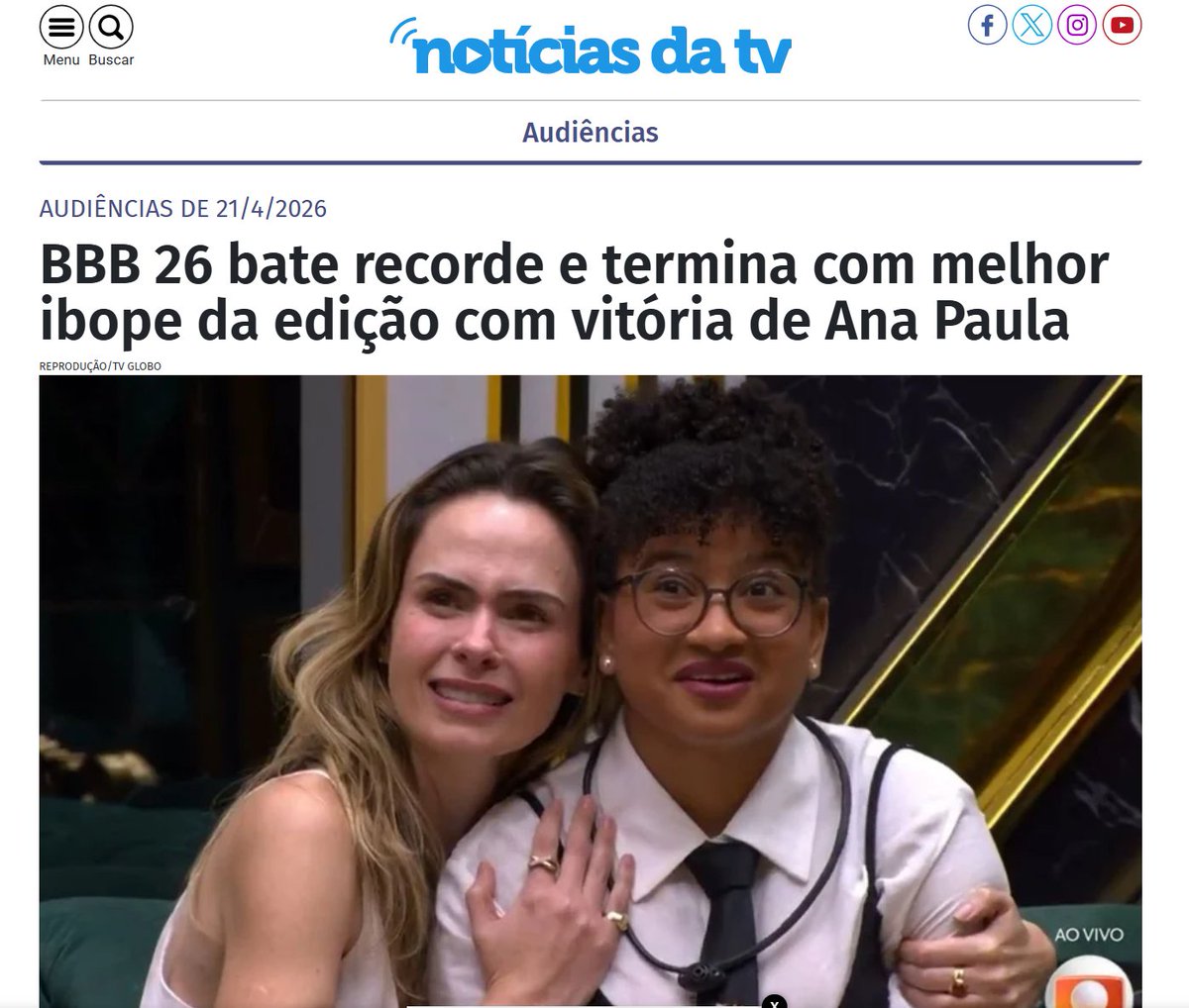Pra calar a boca de alguns frustrados com resultado, compartilhem! #BBB26 👇

A final do ‘BBB 26’, trouxe recorde de audiência da faixa no ano (22h33 às 0h34) em São Paulo, com 20 pontos de audiência e 44% de participação, sendo a maior desde 6 de agosto de 2025, quando foi