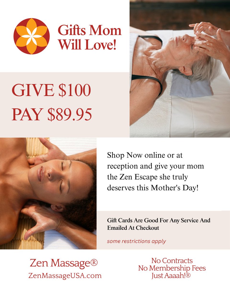 ZenMassageCorp's tweet image. Shop Our Mother's Day Gift Card Specials!! Your mom will be treated to our Spa Quality services and you will love our Everyday Prices. 
Specials vary per location - some restrictions apply
ZenMassageUSA.com
#mothersday #giftideas