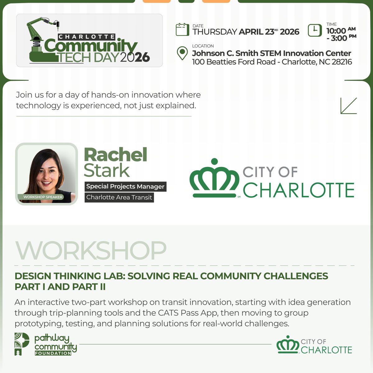 PCFhq's tweet photo. We’re highlighting a thrilling workshop from the City of Charlotte’s Paola Bula Blanco &amp; Rachel Stark called “Design Thinking Lab: Solving Real Community Challenges, Part I and II”.

Don’t miss this hands-on experience and more exhibits TOMORROW at Charlotte Community TechDay! 🚀 https://t.co/Iyi1p8yOKC