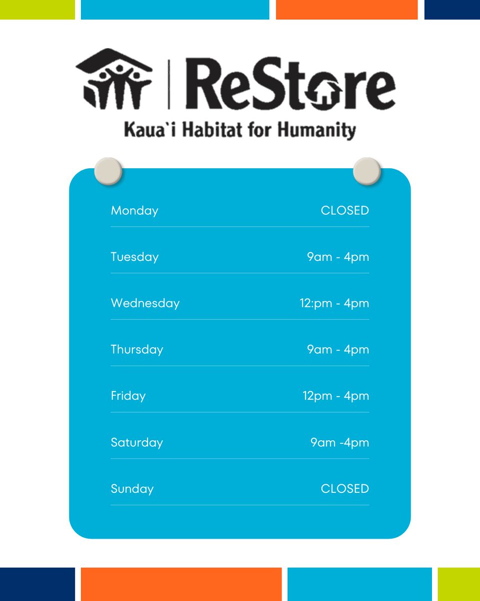 KauaiHabitat's tweet image. 🛠️✨ Starting May 1st, our ReStore will close at 4:00 PM on Fridays. 🕓 But don’t worry — all other hours stay the same! 🎉 Stop by and snag those amazing finds while you can! Thank you for your support! 💚 #ReStore #ShopLocal 🏡💖
