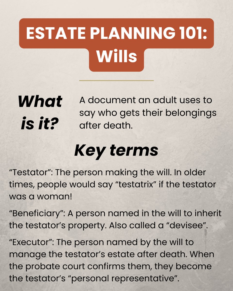 ElderLawAdvo's tweet photo. Estate Planning 101: Wills

✅ Lets YOU decide who inherits your belongings
✅ No will = California law decides ("intestate succession")
✅ Small Estate Affidavit helps some avoid probate
✅ Oral wills aren't valid in CA
✅ Don't wait!

#Wills #EstatePlanning #CaliforniaLaw https://t.co/wrS0osBNDI