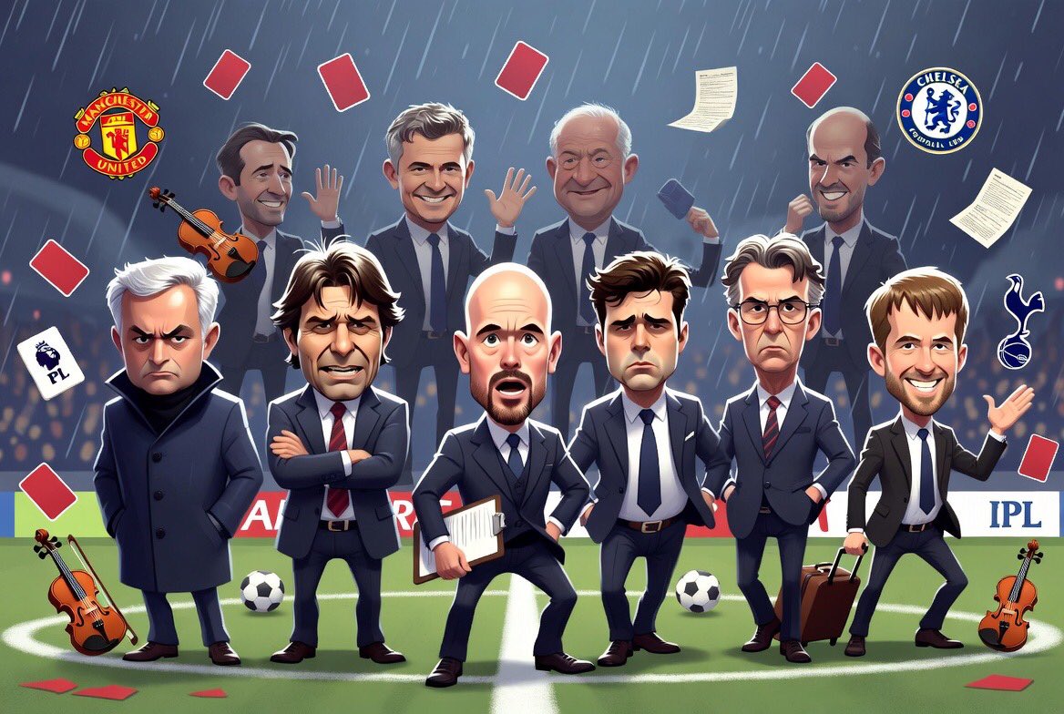 StarYorka10's tweet image. The Premier League: Proudly holding the world record for most managers sacked, spin-offs, and 'mutual consent' pink slips 

From Mourinho’s stare to Conte’s meltdown, Ten Hag’s clipboard exit, Poch’s sad eyes, and the rest of the revolving door crew… welcome to the EPL coaching