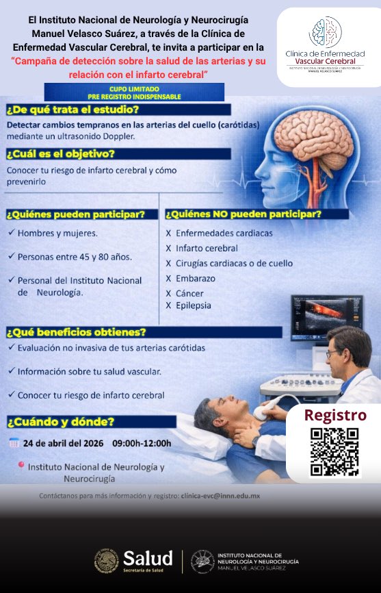 INNNMVS's tweet photo. El @INNNMVS a través de la Clínica de Enfermedad Vascular Cerebral, te invita a participar en la “Campaña de detección sobre la salud de las arterias y su relación con el infarto cerebral”.

Cita: Viernes 24 de abril de 09:00 a 12:00 hrs., revisa requisitos y regístrate en el QR. https://t.co/bdCJmQAN91