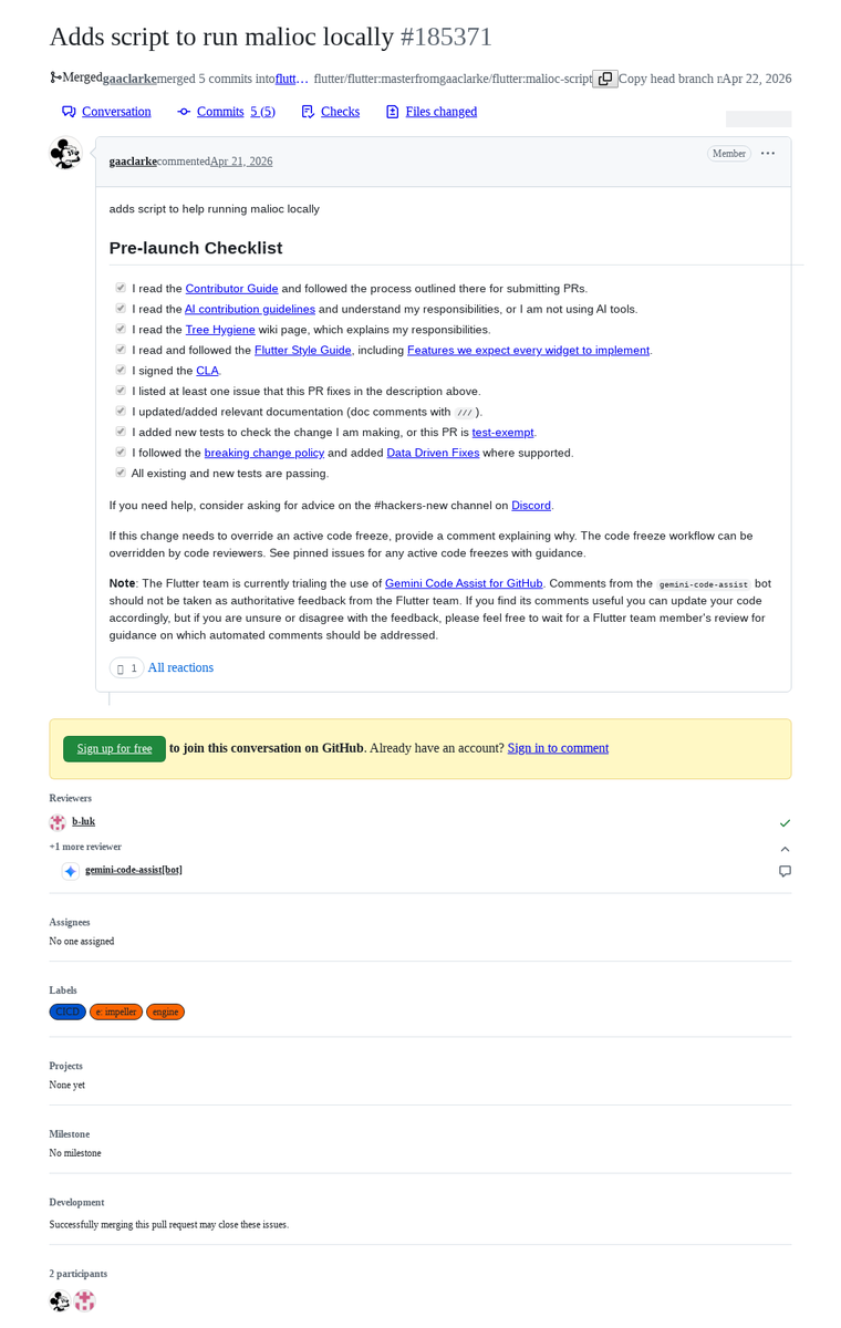 FlutterMerge's tweet photo. "Adds script to run malioc locally" by gaaclarke was merged into #Flutter master https://t.co/e7fCZuG49X https://t.co/zf15hArbBR