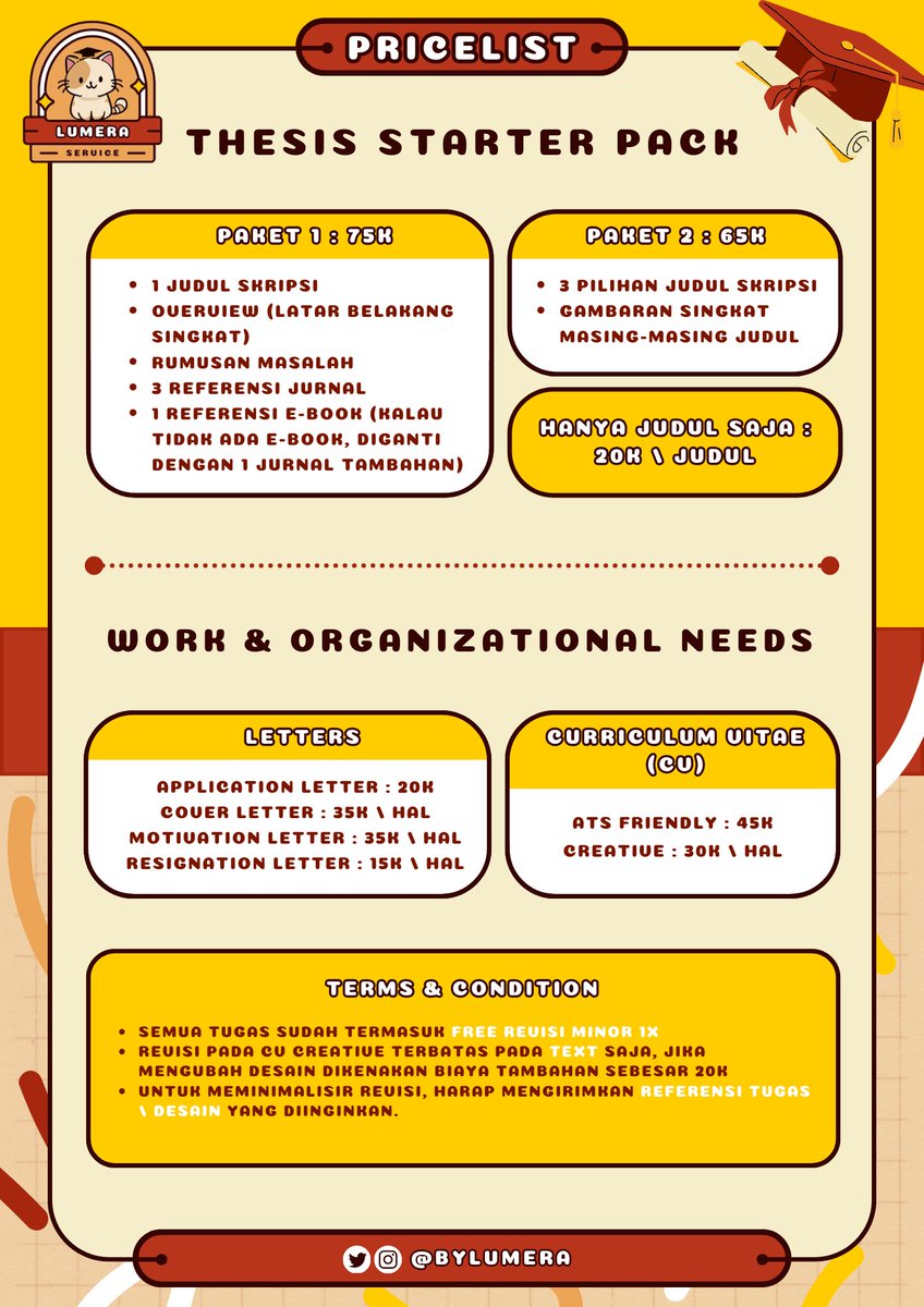 bylumera's tweet photo. 📌 Pricelist jasa tugas &amp; desain #bylumera   

Jangan ragu buat order atau tanya-tanya ke admin via DM/whatsapp ya, Lumeluv! 💛

#zonauang #zonajajan #zonaba #jasatugas #jasadesain #jokitugas #jokitugaskuliah #jokiskripsi #jokiartikel #jokitesis https://t.co/fbvlAVlya9