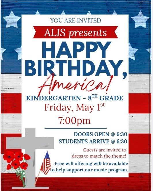 SchoolAltamont's tweet photo. Mark your calendars and join all of the ALIS students as they present, "Happy Birthday America!"   The school doors will open at 6:30pm and all students are asked to arrive by 6:30pm wearing their class shirt and blue jeans.

We can't wait to see everyone! https://t.co/pyrRak9NS6
