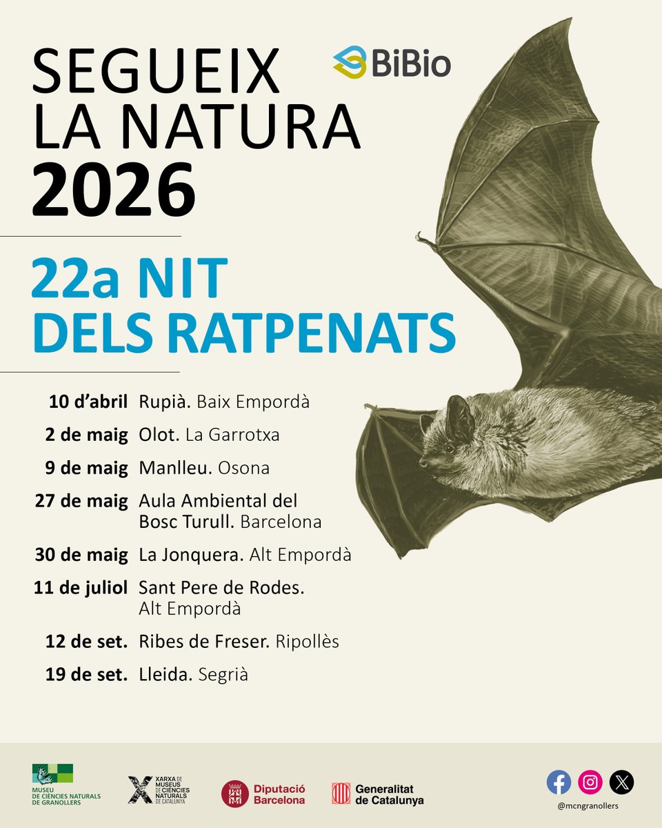 Ratpenats_Cat's tweet image. Cursos i Nits de Ratpenats planificats des del Programa de Seguiment de Ratpenats i altres associacions col·laboradores!
@VolAmbiental @voluntarisparcs @XCNatura @xarxadeparcs @diba @observatori_nat @CREAF_ecologia @IRBioUB @GBiC_CTF @ctforestal @BETA_TechCentre #bats @SECEMU_