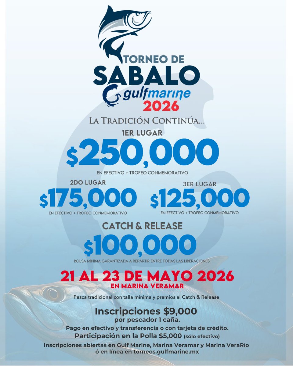 xeunoticias's tweet image. * 𝗧𝗼𝗿𝗻𝗲𝗼 𝗱𝗲 𝗦𝗮́𝗯𝗮𝗹𝗼 𝗚𝘂𝗹𝗳 𝗠𝗮𝗿𝗶𝗻𝗲 𝟮𝟬𝟮𝟲
¡La tradición continúa! 🎣🪝

👉Te esperamos del 21 al 23 de mayo en Marina Veramar.

🚨 Inscripciones abiertas en Marina Veramar, Marina VeraRío y Gulf Marine.

#TorneodeSábalo #EnjoyLife #PescaDeportiva