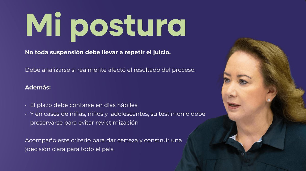 YasminEsquivel_'s tweet photo. Cuando un proceso penal se detiene por demasiado tiempo, no necesariamente significa que todo el juicio deba repetirse desde cero.

Este tema ya había sido abordado previamente por esta #SCJN en el amparo directo en revisión 1597/2025, en el que se estableció que el plazo de suspensión no puede exceder de 10 días hábiles y que la reposición del juicio no debe ordenarse de manera automática, sino solo cuando la irregularidad tenga un impacto real en el resultado.

A partir de ese antecedente, acompañé los proyectos en los amparos directos en revisión 1718/2025 y 4435/2025, en los que se consolida este criterio.

No toda suspensión implica repetir un juicio.
Debe analizarse si realmente se afectaron los derechos de las partes, evitando formalismos que retrasen la justicia y, especialmente, protegiendo a niñas, niños y adolescentes de procesos que puedan revictimizarlos.

#MinistraYasmínEsquivel #JusticiaDePuertasAbiertas