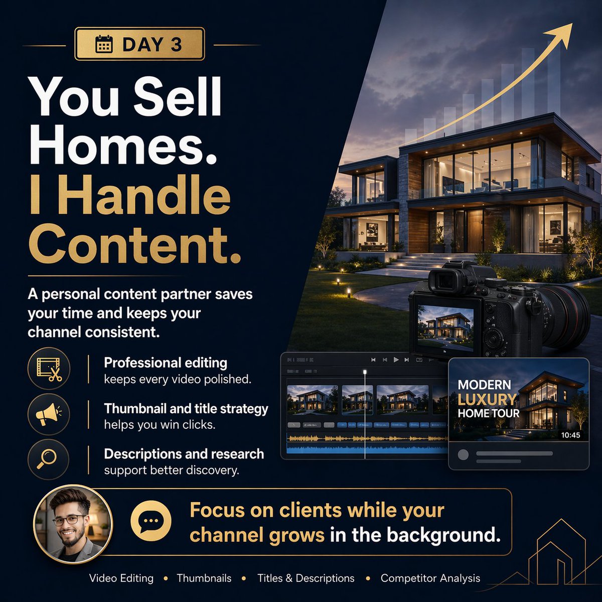 You focus on selling homes.
I focus on helping your content look professional, clickable, and consistent.

A strong real estate YouTube channel needs more than just uploading videos.

It needs:

Clean and engaging editing
Strong thumbnails and titles
Smart descriptions
Clear