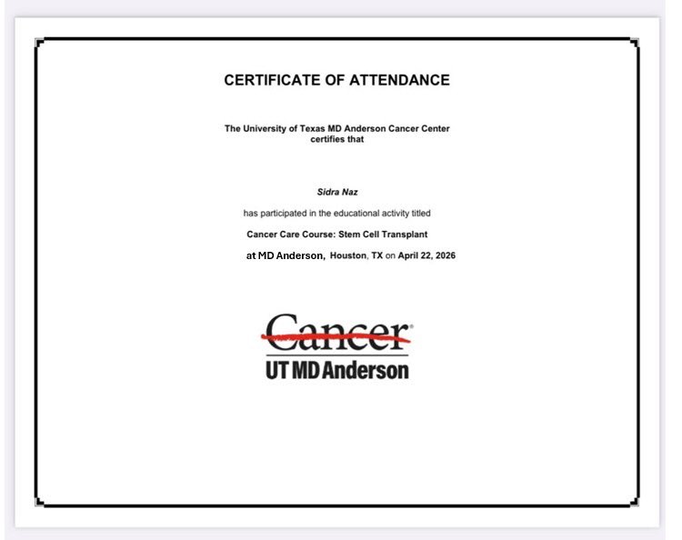 SIDRANA61906932's tweet image. #CME Completed an intensive 8-hour clinical education training in advanced Stem cell transplant &amp;amp; earned a certification. This experience highlights the importance of critical thinking, effective communication, &amp;amp; multidisciplinary collaboration in improving patient care outcomes.
