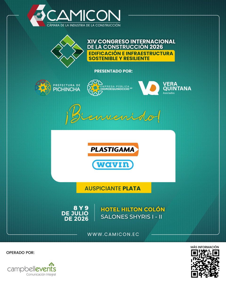 camicon_ec's tweet image. 🤝 Bienvenidos a Plastigama Wavin, auspiciante del XIV Congreso Internacional de la Construcción 2026 CAMICON.

Impulsando innovación y sostenibilidad en el sector 🚀

#Construcción #CAMICON #Sostenibilidad #Infraestructura #Networking