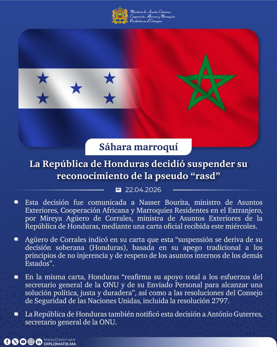 DiplomaciaM's tweet photo. #Sahara_marroquí: La República de Honduras decidió suspender su reconocimiento de la pseudo “rasd” https://t.co/P4vGa2Pfim