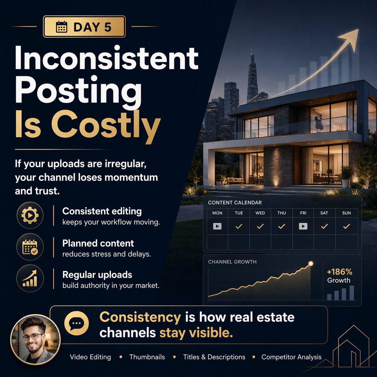 Inconsistent posting can quietly damage a real estate YouTube channel.

When uploads are irregular, your channel loses momentum, trust, and visibility.

Consistency helps you stay relevant.
Consistency helps your audience remember you.
Consistency helps your business look more