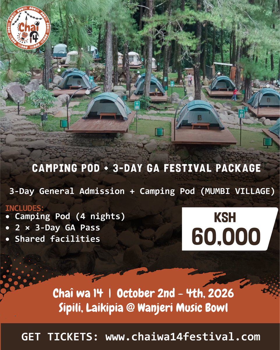 chaiwa14fest's tweet image. Enjoy the full Chai Wa 14 experience from start to finish, wake up ready to dive back into the festival, and make every moment count. Your stay is part of the journey.

📍Laikipia, Sipili town, Wanjeri Music Bowl &amp;amp; Resort
🗓 October 2-4

#chaiwa14festival #njugush