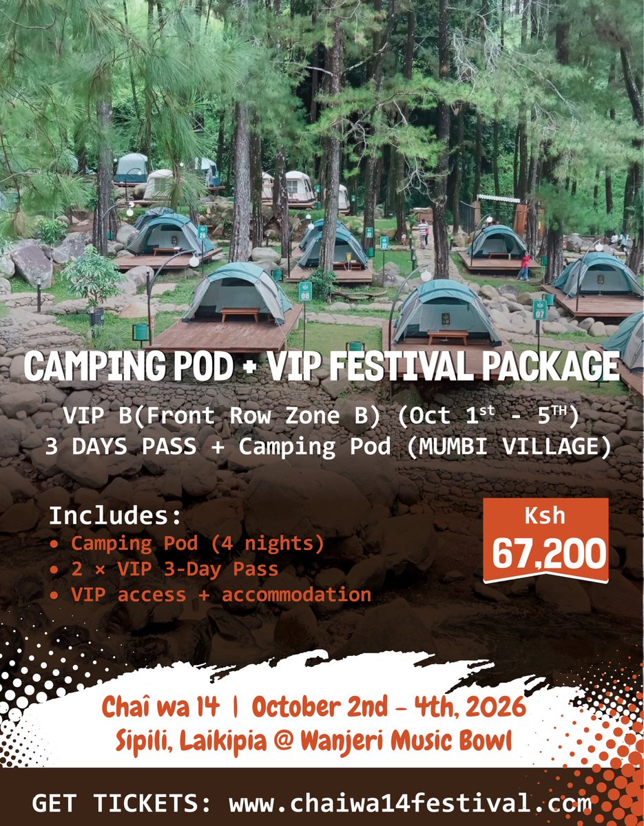 chaiwa14fest's tweet image. Enjoy the full Chai Wa 14 experience from start to finish, wake up ready to dive back into the festival, and make every moment count. Your stay is part of the journey.

📍Laikipia, Sipili town, Wanjeri Music Bowl &amp;amp; Resort
🗓 October 2-4

#chaiwa14festival #njugush