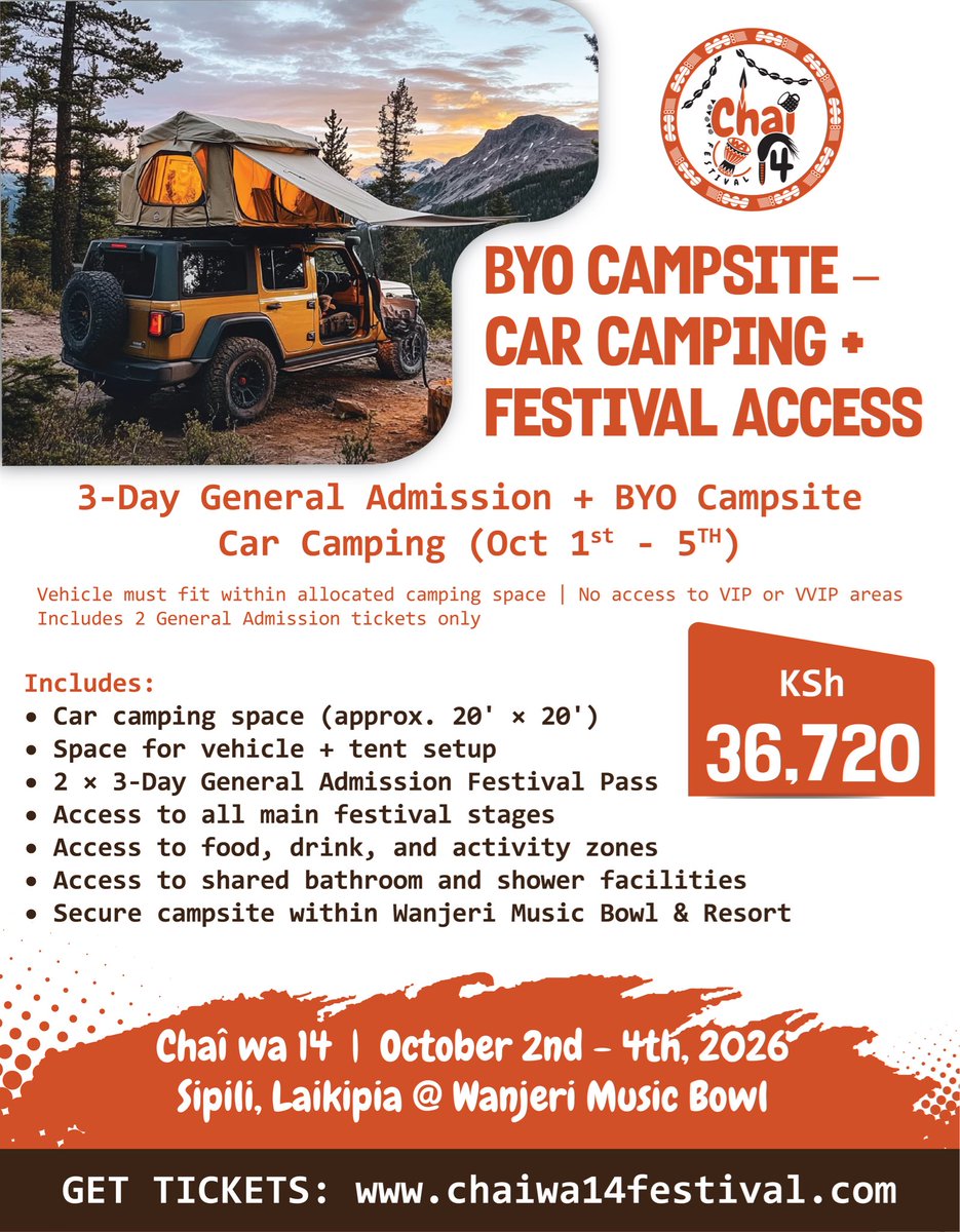 chaiwa14fest's tweet image. Enjoy the full Chai Wa 14 experience from start to finish, wake up ready to dive back into the festival, and make every moment count. Your stay is part of the journey.

📍Laikipia, Sipili town, Wanjeri Music Bowl &amp;amp; Resort
🗓 October 2-4

#chaiwa14festival #njugush