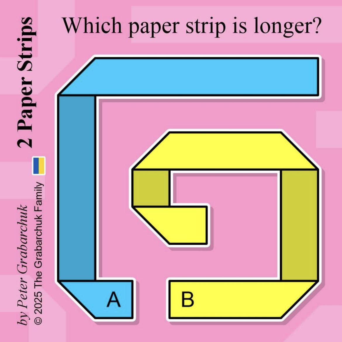 PuzzleMove's tweet image. 2 Paper Strips (by Peter Grabarchuk). Which paper strip is longer?

More puzzles at grabarchukpuzzles.com 

#puzzle #brainteaser #challenge #puzzlesforadults #foldpuzzle
