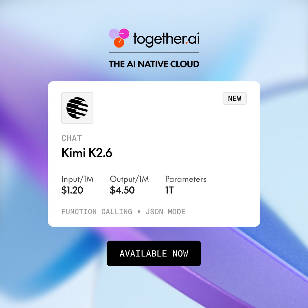 togethercompute's tweet photo. Introducing Kimi K2.6 from @Kimi_Moonshot, a multimodal agentic model with Agent Swarm scaling to 300 sub-agents and long-horizon coding stability. AI natives can now use Kimi K2.6 on Together AI and benefit from reliable inference for production-scale autonomous agent workflows. https://t.co/Fq3lz2vHkp