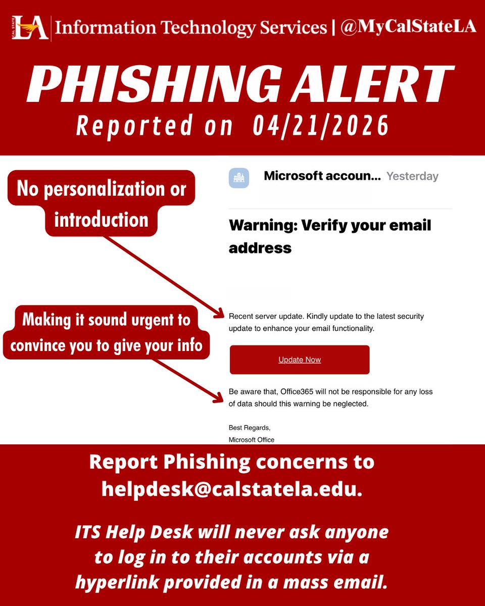 MyCalStateLA's tweet image. 🚨Heads up, Golden Eagles!🚨 A phishing attempt has been reported! Report Phishing attempts to helpdesk@calstatela.edu. ITS Help Desk will never ask anyone to log in to their accounts via a hyperlink provided in a mass email. #MyCalStateLA_ITS #MyCalStateLA #calstatela