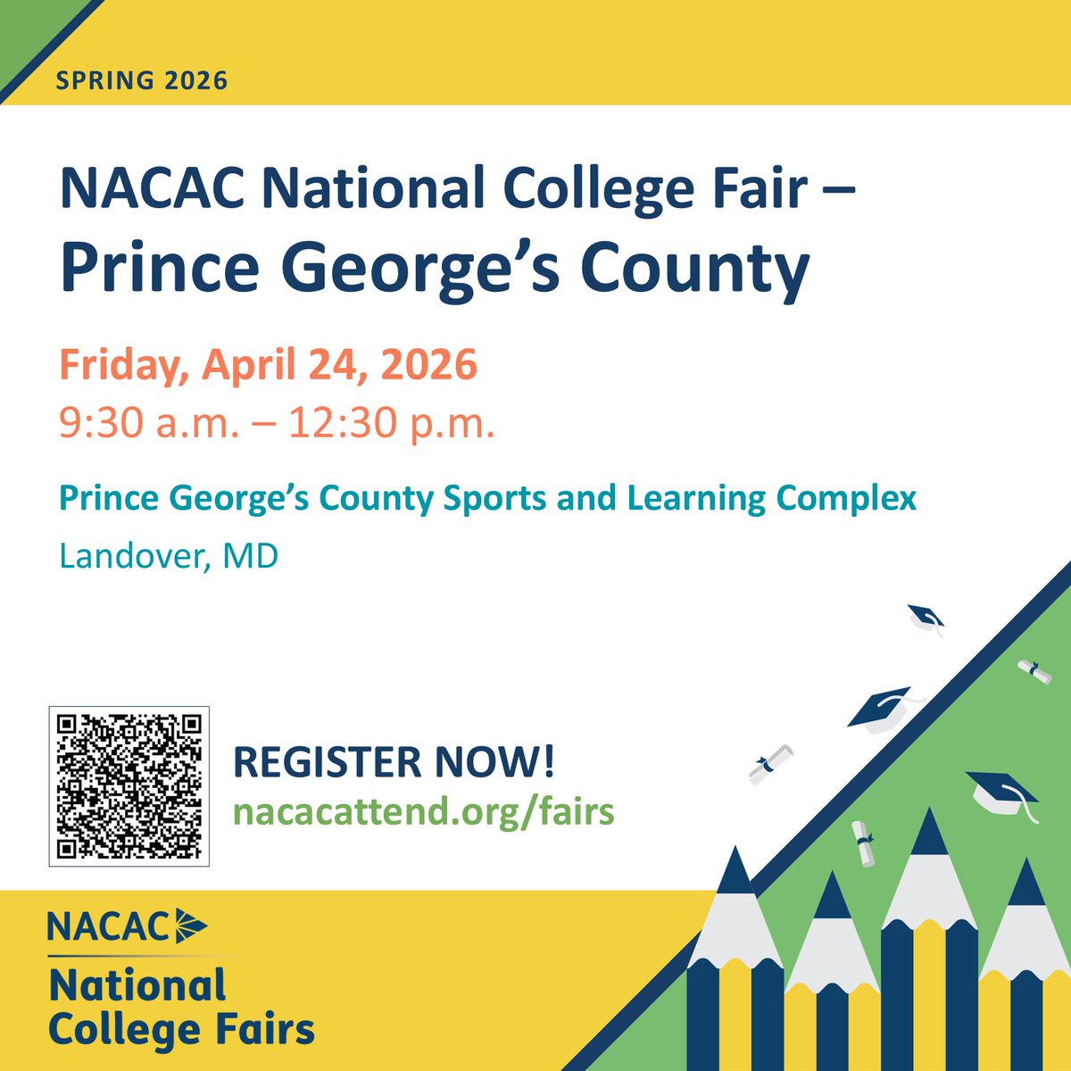 NACACFairs's tweet photo. 🎓#NACAC National College Fairs: Join us Friday, April 24, from 9:30 am to 12:30 pm at the Prince George's County Sports and Learning Complex. Register today: https://t.co/SEWJrLed69

#CollegeFairs #SpreadtheWord #DMV https://t.co/fz8Nxuhdze