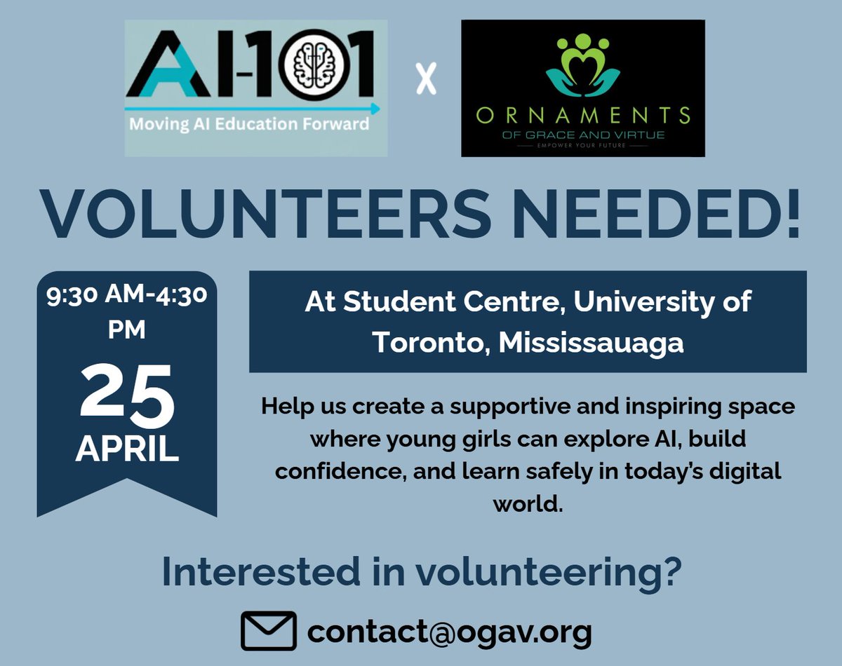 OGAVIntl's tweet image. Happening this Saturday 🚨

We’re looking for volunteers to support our AI workshop.

📅 April 25, 2026 | 9:30 AM-4:30 Pm
📍 Student Centre, University of Toronto, Mississauga

Interested? Contact us at contact@ogav.org

#volunteering