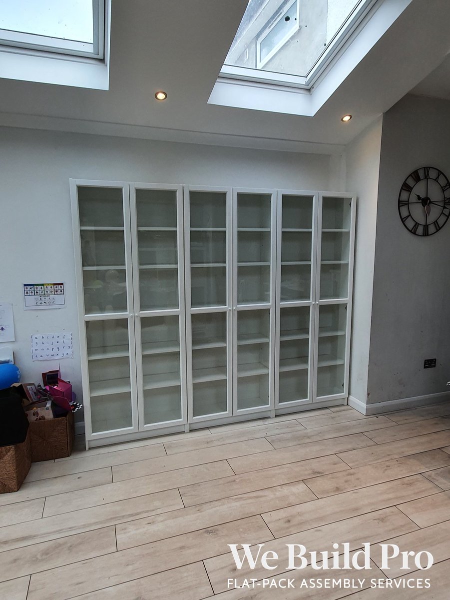 we_build_pro's tweet photo. BILLY bookcases with glass doors. Full wall of storage — neat finish and everything stays hidden behind the glass.
We Build. So you don't have to.

Need help with yours? DM, call, or WhatsApp 07387 113435 for a free quote.

#WeBuildPro #FlatpackAssembly #IKEAAssembly #Bookcase https://t.co/QHUHItMa8v