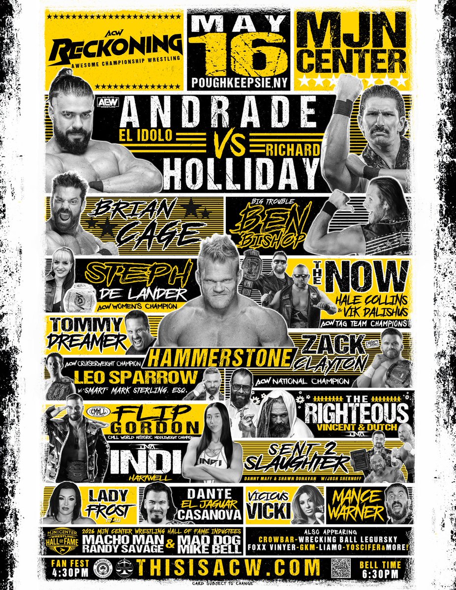this_is_acw's tweet photo. ACW: RECKONING
May 16th | MJN Center – Poughkeepsie, NY

@AndradeElIdolo @MostMarketable @alexhammerstone @briancagegmsi @bigtroubleBB @stephdelander @zackclayton @ThenowVik @Hale_Collins @THETOMMYDREAMER @DEATHxWALKS @NoNamexVincent

🎟️ https://t.co/0mXw0IJcay

#ProWrestling https://t.co/ucgWI4UvPS