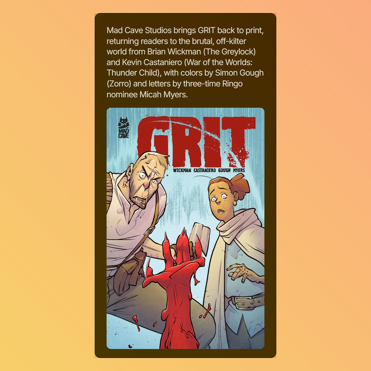 michaeljnimmo's tweet image. Southern-fried Sword and sorcery gets its due…

Coming in July 2026, Mad Cave Studios is bringing Grit back to print.

comics.3millionyears.co.uk/i/194771541/so…

#Grit #MadCave