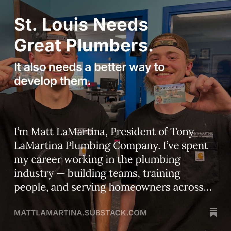 STL_Plumber's tweet image. St. Louis Needs Great Plumbers. 

#skilledtrades #plumbing #STL #workforcedevelopment
open.substack.com/pub/mattlamart…
