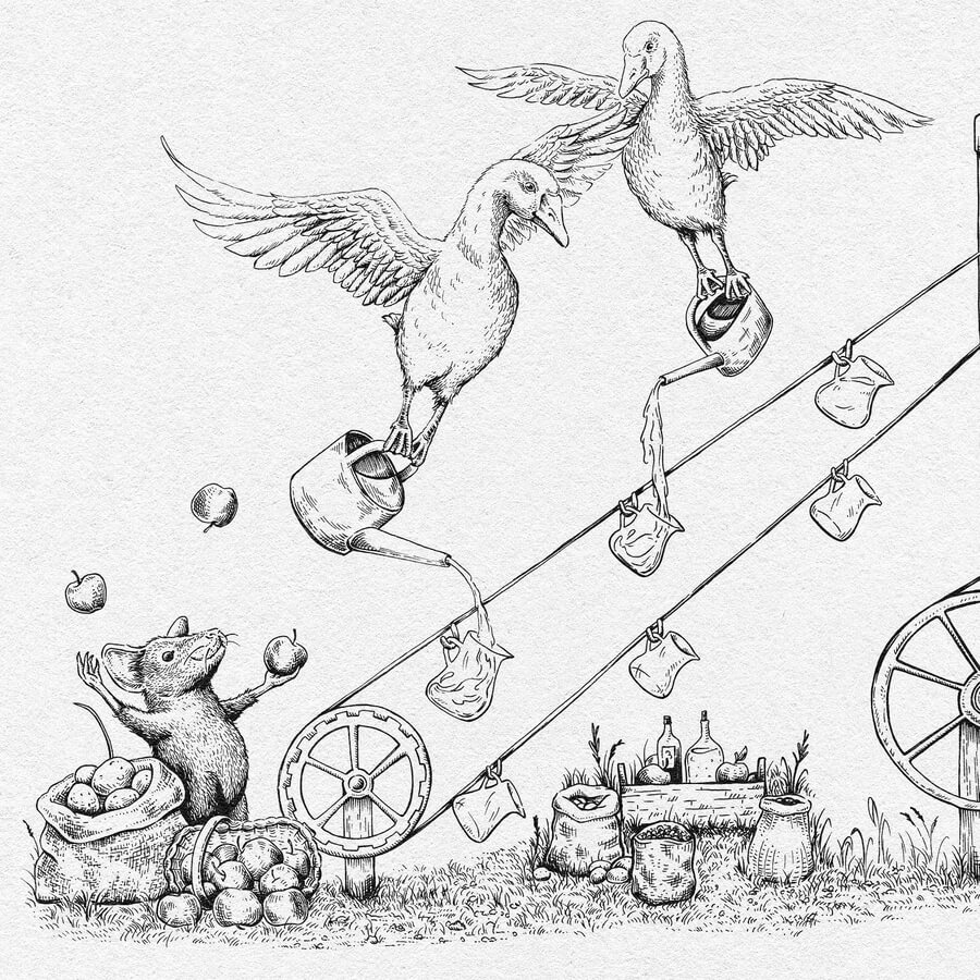 Working together to make #life easier.  🍃️🌺️🍃️
#Surreal and Funny Ink #Animal Drawing. By Marion Kamper.